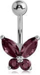 RHODIUM PLATED BASE METAL JEWELED BUTTERFLY NAVEL BANANA