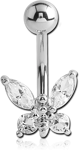 RHODIUM PLATED BASE METAL JEWELED BUTTERFLY NAVEL BANANA
