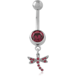 Surgical Steel Grade 316L Navel Banana Jeweled Top with Dragonfly Dangle Charm Red Gems