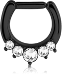 BLACK PVD COATED SURGICAL STEEL GRADE 316L ROUND PREMIUM CRYSTALS JEWELED HINGED SEPTUM CLICKER