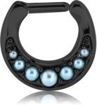 BLACK PVD COATED SURGICAL STEEL GRADE 316L ROUND JEWELED HINGED SEPTUM CLICKER WITH ORGANIC SYNTHETIC TURQUOISE