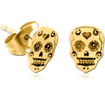 GOLD PVD COATED SURGICAL STEEL GRADE 316L EAR STUDS PAIR - FANCY SKULL
