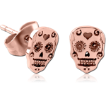 ROSE GOLD PVD COATED SURGICAL STEEL GRADE 316L EAR STUDS PAIR - FANCY SKULL