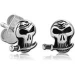SURGICAL STEEL GRADE 316L EAR STUDS PAIR - SKULL WITH SWARD