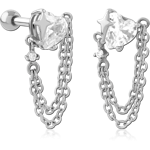 316L Surgical Steel Grade 316L Tragus Barbell Heart Gem with Star and Double Chain Charms