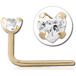 14 KARAT GOLD YELLOW 90 DEGREE PRONG SET CZ HEART NOSE STUD