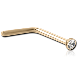 18 KARAT GOLD YELLOW 1.5MM BEZEL SET JEWELED 90 DEGREE NOSE STUD