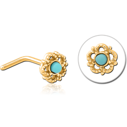 GOLD PVD COATED SURGICAL STEEL GRADE 316L 90 DEGREE JEWELED NOSE STUD - FLOWER