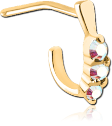 GOLD PVD COATED SURGICAL STEEL GRADE 316L 90 DEGREE JEWELED WRAP AROUND NOSE STUD