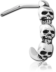 SURGICAL STEEL GRADE 316L 90 DEGREE WRAP AROUND NOSE STUD - FOUR SKULLS