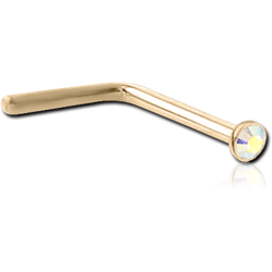 STERILE ZIRCON GOLD PVD COATED SURGICAL STEEL GRADE 316L PREMIUM CRYSTAL JEWELED 90 DEGREE NOSE STUD