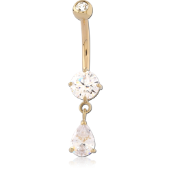 14 KARAT GOLD YELLOW ROUND CZ DANGLE NAVEL BANANA WITH JEWELED TOP BALL