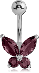 RHODIUM PLATED BASE METAL JEWELED BUTTERFLY NAVEL BANANA