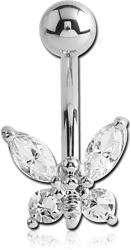 RHODIUM PLATED BASE METAL JEWELED BUTTERFLY NAVEL BANANA