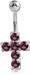 RHODIUM PLATED BASE METAL JEWELED CROSS NAVEL BANANA