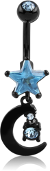BLACK PVD COATED DOUBLE JEWELED STAR NAVEL BANANA WITH MOON CHARM