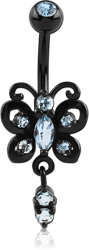 BLACK PVD COATED DOUBLE JEWELED BUTTERFLY NAVEL BANANA WITH CHARM