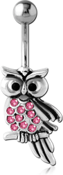 RHODIUM PLATED BASE METAL JEWELED NAVEL BANANA - OWL