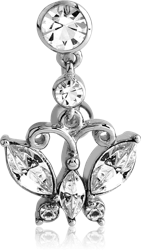 RHODIUM PLATED BASE METAL JEWELED NAVEL BANANA - BUTTERFLY