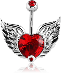 RHODIUM PLATED BASE METAL JEWELED NAVEL BANANA - WINGED HEART