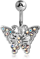 RHODIUM PLATED BASE METAL JEWELED NAVEL BANANA - BUTTERFLY