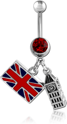 SURGICAL STEEL GRADE 316L JEWELED NAVEL BANANA WITH DANGLING ENAMEL CHARM - GREAT BRITAIN FLAG AND BIG BEN