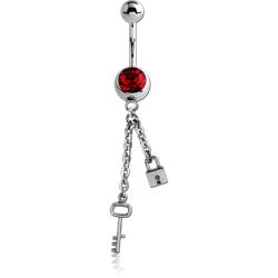 SURGICAL STEEL GRADE 316L JEWELED NAVEL BANANA WITH DANGLING CHARM - KEY AND LOCK