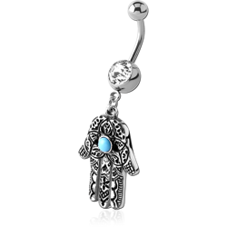 SURGICAL STEEL GRADE 316L JEWELED NAVEL BANANA WITH DANGLING SILVER PLATED CHARM - HAMSA HAND