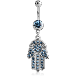 SURGICAL STEEL GRADE 316L JEWELED NAVEL BANANA WITH DANGLING SILVER PLATED CHARM - HAMSA HAND