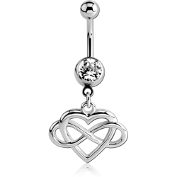RHODIUM PLATED BASE METAL JEWELED NAVEL BANANA - ENTANGLED HEART AND INFINITY