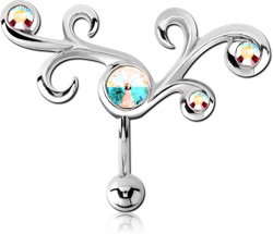 RHODIUM PLATED BASE METAL JEWELED REVERSE NAVEL BANANA - TRIBLE