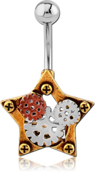 SURGICAL STEEL GRADE 316L JEWELED NAVEL BANANA WITH DANGLING BASE METAL WHITE METAL AND COPPER PARTS CHARM - STEAMPUNK