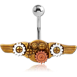 SURGICAL STEEL GRADE 316L JEWELED NAVEL BANANA WITH DANGLING BASE METAL WHITE METAL AND COPPER PARTS CHARM - STEAMPUNK