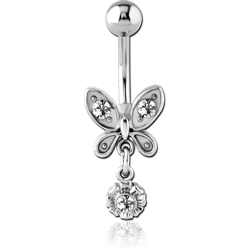 RHODIUM PLATED BASE METAL JEWELED NAVEL BANANA - BUTTERFLY AND FLOWER