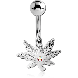RHODIUM PLATED BASE METAL VALUE JEWELED NAVEL BANANA - MARIJUANA LEAF