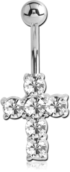 RHODIUM PLATED BASE METAL VALUE CRYSTALS JEWELED CROSS NAVEL BANANA