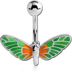 RHODIUM PLATED BASE METAL JEWELED NAVEL BANANA WITH ENAMEL- BUTTERFLY