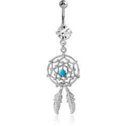 RHODIUM PLATED BASE METAL JEWELED NAVEL BANANA WITH DANGLING CHARM - DREAMCATCHER FEATHER