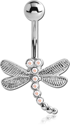 RHODIUM PLATED BASE METAL JEWELED NAVEL BANANA - DRAGONFLY