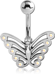 RHODIUM PLATED BASE METAL JEWELED NAVEL BANANA WITH DANGLING CHARM - BUTTERFLY