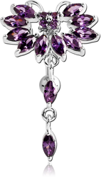 RHODIUM PLATED BASE METAL JEWELED BUTTERFLY REVERSE NAVEL BANANA WITH DANGLING CHARM - PEAR