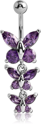 RHODIUM PLATED BASE METAL JEWELED BUTTERFLY NAVEL BANANA WITH DANGLING CHARM - BUTTERFLY