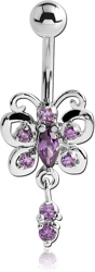 RHODIUM PLATED BASE METAL JEWELED BUTTERFLY NAVEL BANANA WITH DANGLING CHARM - DOUBLE JEWEL