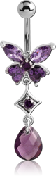 RHODIUM PLATED BASE METAL JEWELED BUTTERFLY NAVEL BANANA WITH DANGLING CHARM - DROP