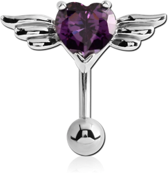 RHODIUM PLATED BASE METAL JEWELED REVERS NAVEL BANANA - WINGED HEART