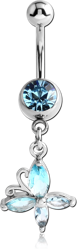 SURGICAL STEEL GRADE 316L JEWELED NAVEL BANANA WITH DANGLING CHARM - BUTTERFLY