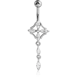 RHODIUM PLATED BASE METAL JEWELED FLOWER NAVEL BANANA WITH DANGLING CHARM - DROPS