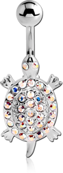 RHODIUM PLATED BASE METAL JEWELED NAVEL BANANA - TURTLE