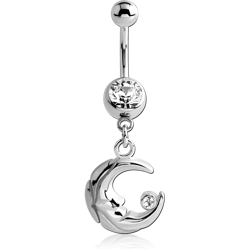 RHODIUM COATED JEWELED NAVEL BANANA WITH MOON CHARM