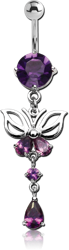 RHODIUM PLATED BASE METAL JEWELED NAVEL BANANA WITH DANGLING CHARM - BUTTERFLY